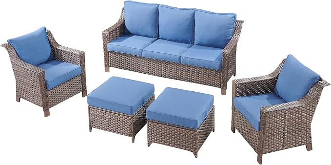 5 Pieces Wicker Patio Furniture Set-Outdoor High Back Sofa with Rattan Wicker Chairs Outdoor Furniture for Porch Garden Backyard Poolside-Brown/Blue
