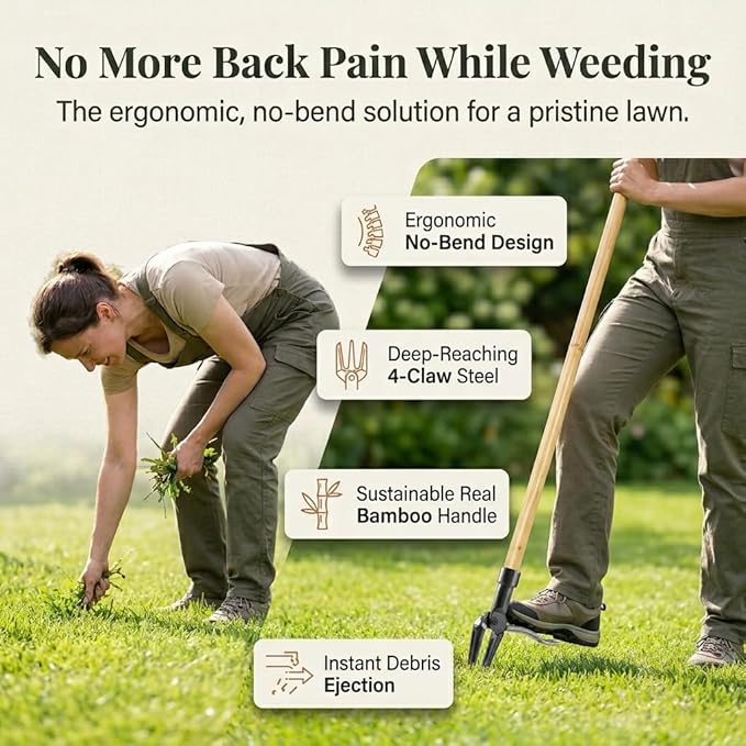Stand Up Weeder Tool with Long Handle – Heavy Duty Manual Weed Puller – Root Remover Tool with 4-Claw Steel Head – Ergonomic Garden Weeding Tool for Lawn & Yard – No-Bend Dandelion Puller & Extractor
