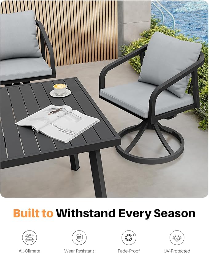 9-Piece Outdoor Dining Set with 8 Swivel Chairs, Never-Rust Aluminum Patio Dining Set, Patio Swivel Dining Set with Wraparound Seating, Outdoor Furniture Set for Backyard, Lawn, Deck, Black