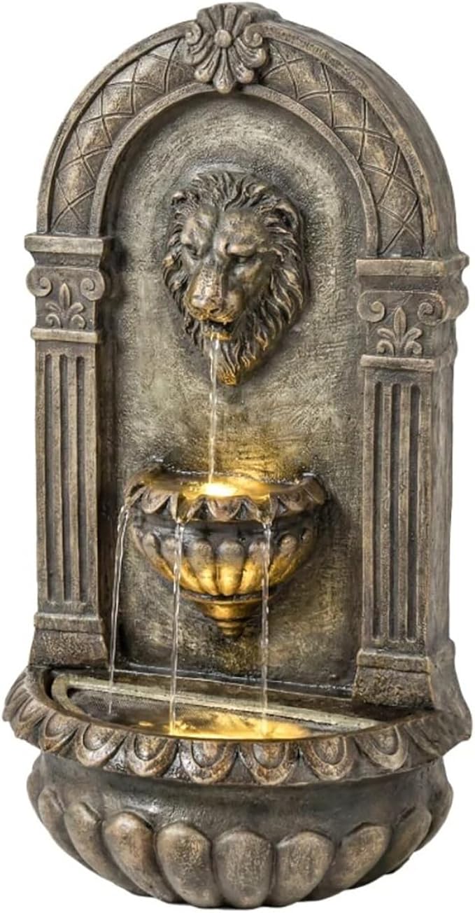 31.1 Inches High Large Wall-Mounted Lion Head Fountain with Led Lights,Featuring 3-Level Adjustable Water Flow,Crafted from Artificial Resin, for Outdoor Courtyard Decoration