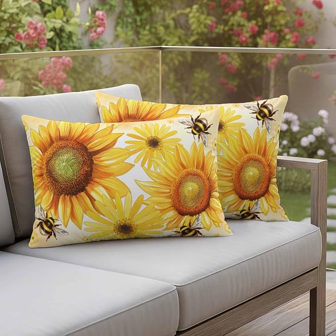 Outdoor Throw Pillow Covers,Rustic Sunflower Yellow Flower Waterproof Decorative Pillowcases Cushion Cover Spring Farmhouse Floral Bee Pillow Cases for Patio Couch Sofa Bed,20x12in Set of 2