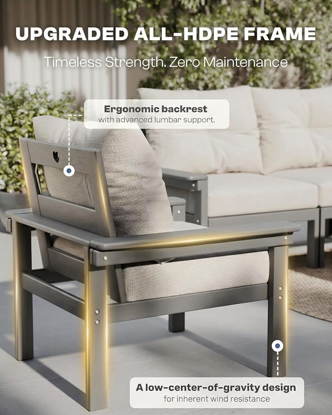 HDPE Outdoor Patio Furniture Set, 10-Piece Patio Conversation Sets with Coffee Table & Beige Washable Thick Cushions, Outdoor Sofa for Garden, Balcony, Porch,(Grey Frame)