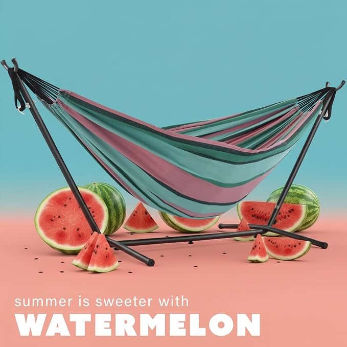 Vivere Double Cotton Hammock with Space Saving Steel Stand, Upgraded Polyester End Strings 450 lb Capacity - Premium Carry Bag Included - USA Grown Cotton (Watermelon)