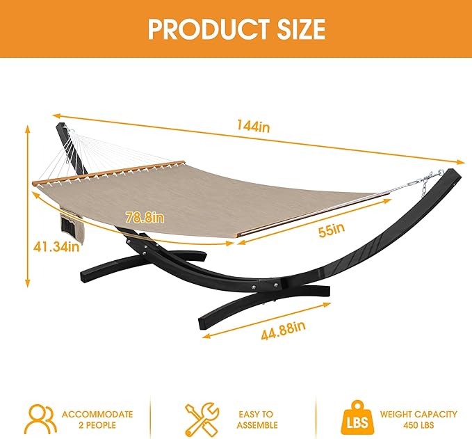Lazy Daze Hammocks 12 FT 2 Person Double Quick Dry Olefin Blend Hammock with Curved Steel Heavy Duty Stand for Outside, Backyard, Patio, 450 Lbs Capacity, Khaki