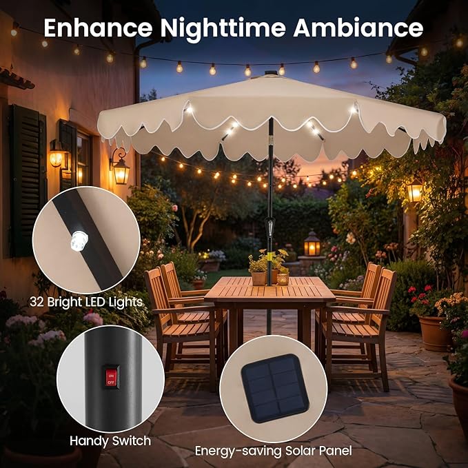 Tangkula 9 FT Solar Patio Umbrella with Base Included, 2-Tiers Outdoor Scalloped Table Umbrella with 32 LED Lights, 2 Sandbags, Tilt Adjustment, Crank, 8 Ribs for Market Backyard Pool Deck Beach Lawn