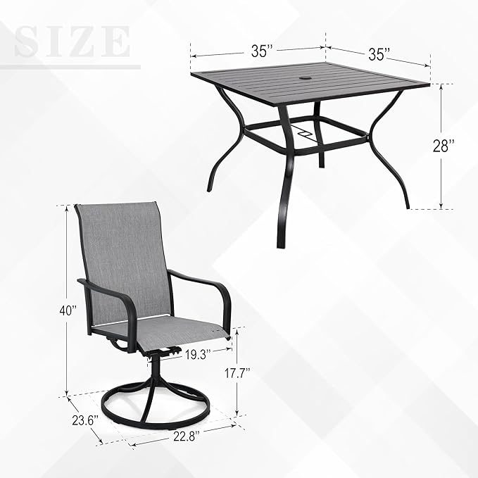 Anmutig 5-Piece Outdoor Dining Set, 35'' Square Table with 4 Swivel Chairs, All Weather Frame Furniture Set - Gray Style2