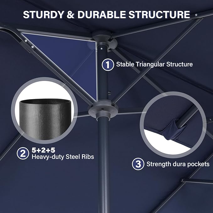 13 ft Patio Umbrella, Large Rectangle Outdoor Umbrella with Strap, Crank, Navy Blue