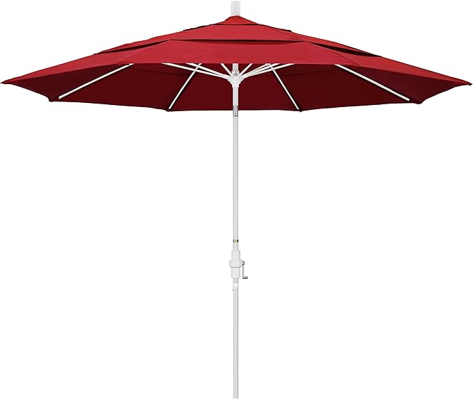 California Umbrella 11' Rd. Fiberglass Rib Patio Umbrella, Crank Lift, Collar Tilt, White Pole, Red