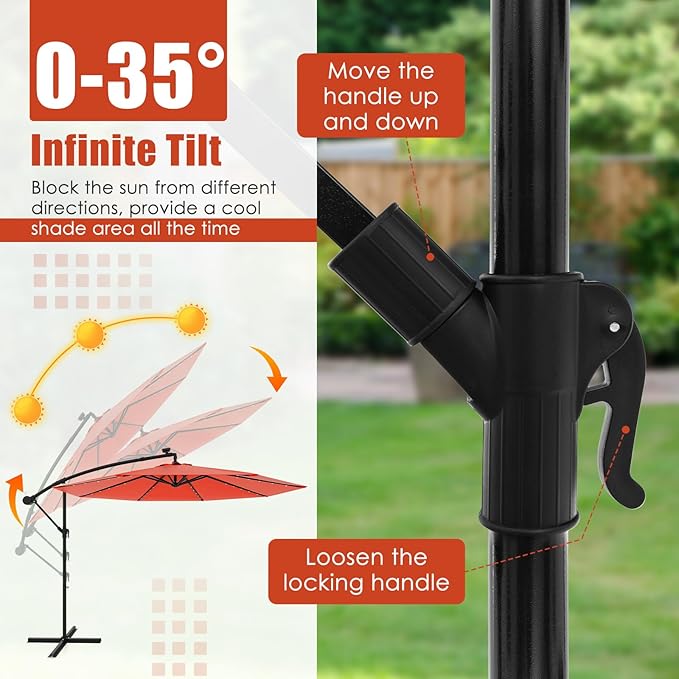 Tangkula 10 Ft Patio Offset Umbrella, 40 LED Lighted Market Umbrella W/8 Sturdy Ribs, Easy Tilt Adjustment & Crank, Polyester Shade, Ideal for Backyard, Garden, Seaside, Store, Pool (Orange)