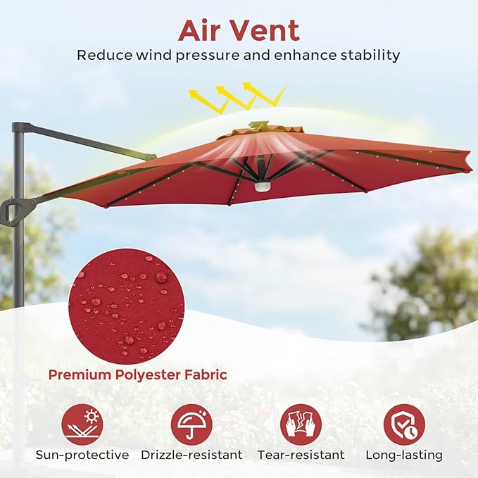 Tangkula 10ft Patio Umbrella with Solar Lights, Offset Cantilever Square Outdoor Umbrella with 35 LED Lights, Aluminum Pole, 360 Degree Rotation, Tilt Adjustment, Air Vent for Pool Deck Yard (Wine)