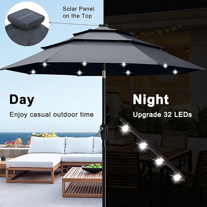 ABCCANOPY 3-Tiers 11FT Solar Patio Umbrella, Outdoor Umbrella with 32 LED Lights for for Deck, Pool, Garden, Backyard (Dark Gray)