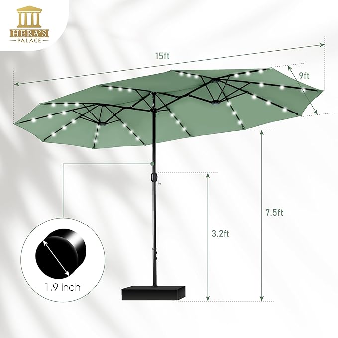 HERA'S PALACE 15ft Patio Umbrella with Base Included Double Sided Outdoor Umbrella for Patio Table Umbrella Outdoor 36 LED Solar Lights for Garden