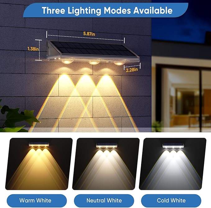 Yilaie Solar Fence Lights Outdoor-IP67 Waterproof 3000K/4500K/6500K,High Brightness LED Fence Lights Solar Powered,Solar Wall Light for Outside Backyard/Railing/Step/Patio/Stair Railings/Pool （4 Pack）