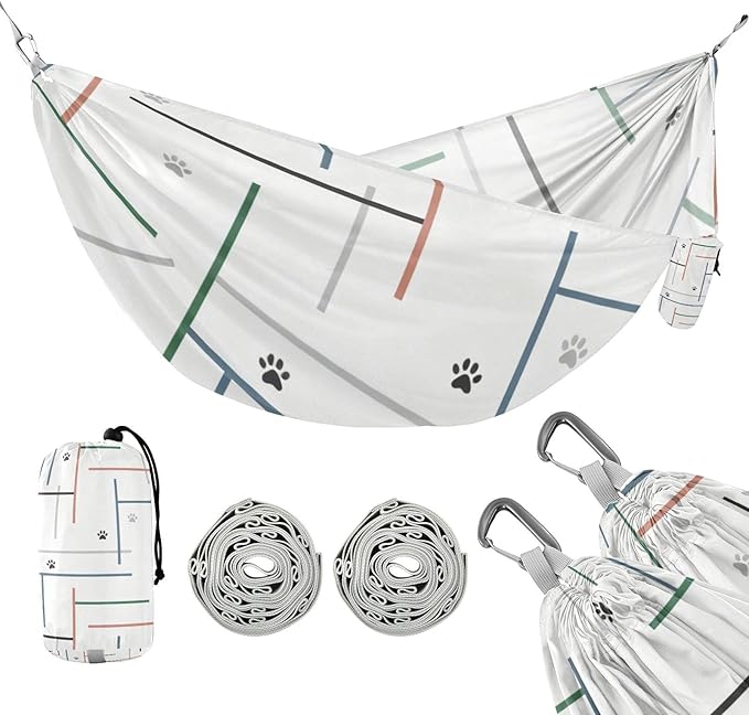 Line and Paw Print Outdoor Hammock with Tree Straps Cloth for Outside Beach Patio Garden