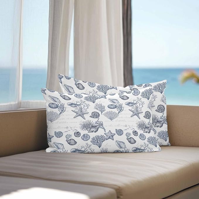 Waterproof Throw Pillow Covers for Couch Patio Living Room Furniture Garden Balcony, Ocean Sea Marine Life Coral Conch Navy Blue Rectangle Cushion Cases Home Decorations, 20 x 12 Inch Set of 2