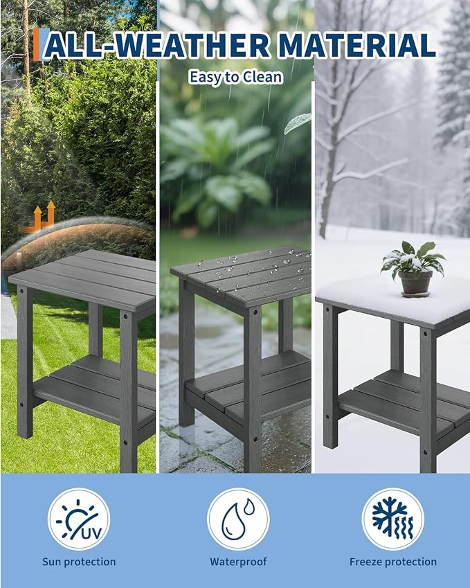 Garvee Adirondack Outdoor Side Table 18 x 15 in, HDPE 2-Tier Patio Side Tables for Outside, All-Weather End Table for Patio Pool Deck Indoor Backyard, Gray