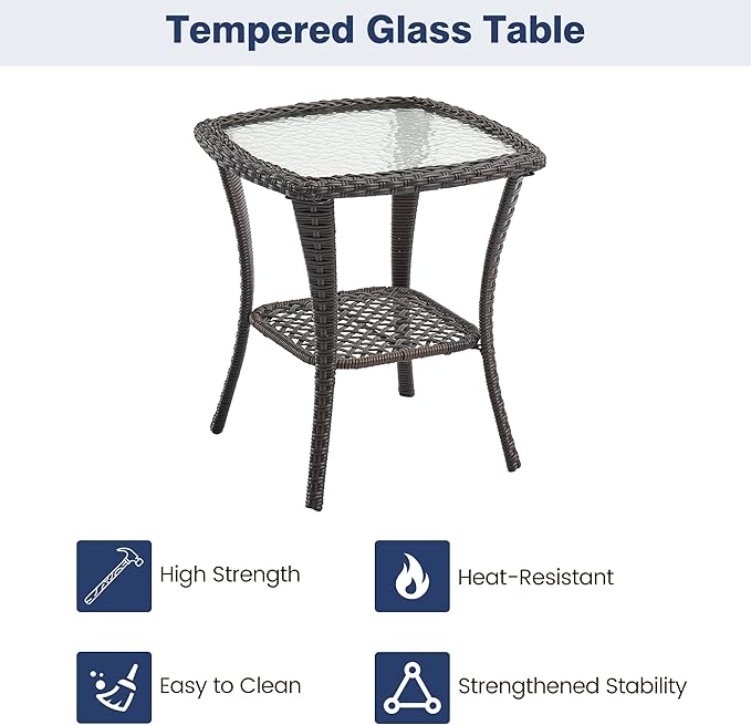 GarveeHome 3 Piece Outdoor Patio Set, Wicker Rocking Bistro Set with 2 Swivel Chairs & Tempered Glass Top Table, Rattan Outdoor Furniture with Cushions for Patio Porch Backyard