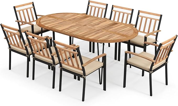 Tangkula 9 Pieces Outdoor Dining Set, Patio Furniture Set with Acacia Wood Top & Umbrella Hole, Metal Frame, Armchairs with Removable Cushions, Wood Dining Table & Chair Set for Yard, Garden, Deck