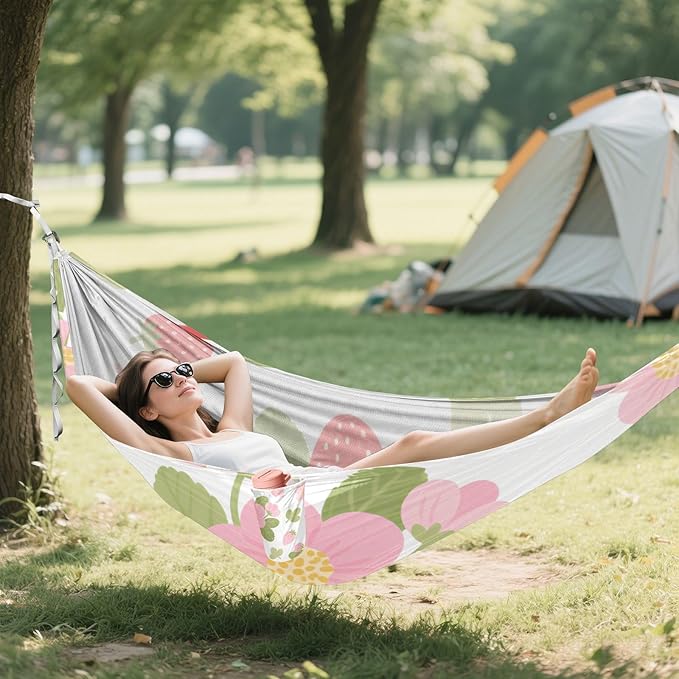 Cute Red Strawberries and Pink Flowers 330lb Capacity Hammocks with Portabl Carry Bag Tree Hammock for Outside Beach Patio Garden macas mexicanas de Patio para Adulto
