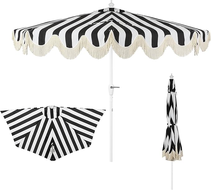 JONATHAN Y Beverly 9 ft. Coastal Black and White Striped Half Patio Umbrella with Scalloped Fringe, Crank Lift, and Manual Tilt for Balcony, White Pole UMB1201H