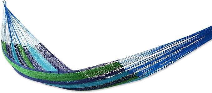 NOVICA Artisan Handcrafted Cotton Hammock Striped Rope Single Blue Green Mexico Mayan Nature [Bed Size 78in L x 48in W Total Length 158in L] ' Ocean Dreams' Single