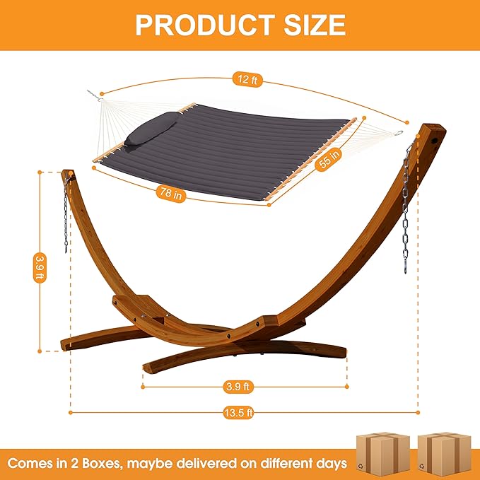 Lazy Daze Hammocks 12 FT Double Quilted Fabric Hammock and 13 FT Brown Wood Arc Stand, with Spreader Bar, Removable Pillow, 2 Person Hammock for Poolside Outdoor Patio, 450 lbs Capacity, Dark Gray