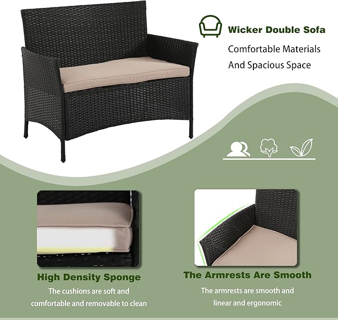 PayLessHere 4 Pieces Patio Furniture Set Rattan Outside Furniture Wicker Sofa Garden Conversation Sets with Soft Cushion and Glass Table for Yard Pool or Backyard,Black