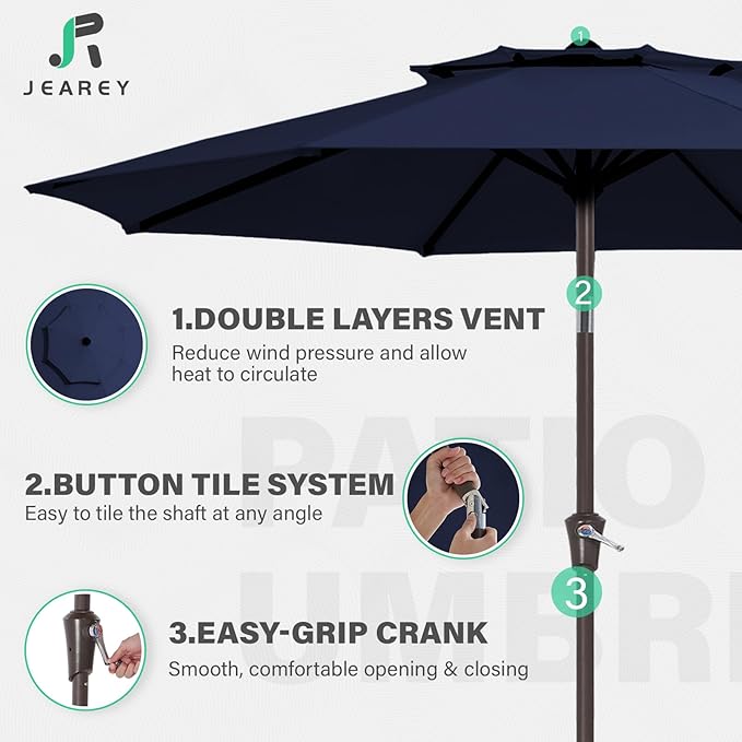 JEAREY 9 ft 2-Tiers Patio Umbrellas Outdoor Table Market Umbrella w/Push Button Tilt/Crank, 8 Sturdy Ribs, UV Protection Waterproof Sunproof(Navy Blue)