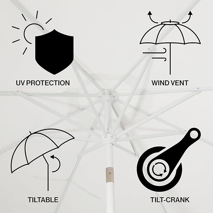 JONATHAN Y Tracy 9 ft. Outdoor Patio Umbrella with Scalloped Edge, Coastal Market Table Umbrella with Crank Lift and Tilt, 8 Sturdy Ribs UV Resistant for Pool, White, White Pole UMB1002D