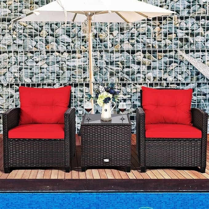 3PCS Patio Rattan Furniture Set Cushioned Conversation Sofa Coffee Table for Your Outdoor Space(Black)