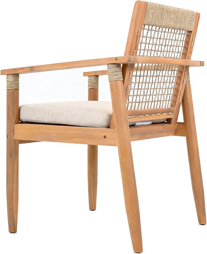 Christopher Knight Home Doca 7 Piece Acacia Wood Outdoor Dining Table Set for 6, Extendable Dining Table and 6 Patio Chairs with Cushion & Rope Accent, Wooden Outdoor Patio Furniture Set, Teak+Beige