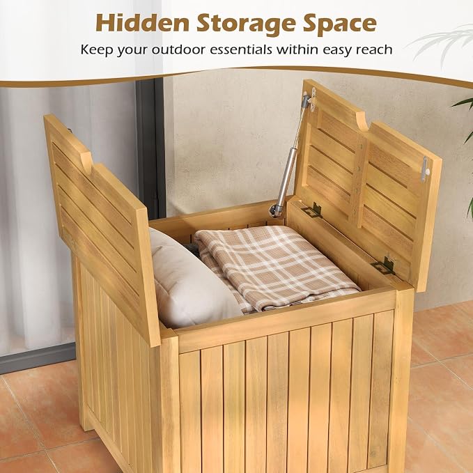 HAPPYGRILL Outdoor Side Table with Umbrella Hole, Acacia Wood End Table with Storage, Removable Base, Patio Storage Box for Backyard, Balcony, Poolside (Square)