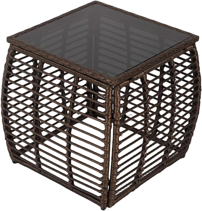 Square Outdoor Side Table - Patio Rattan End Table with Glass Tabletop, Wicker Outdoor Fashionable Coffee Table for Garden, Backyard, Porch, Black Gold