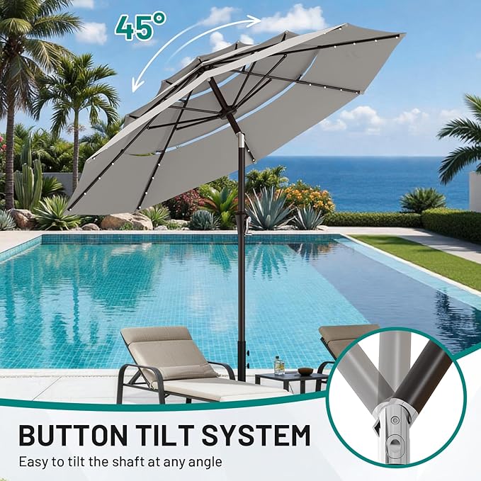 AreShark 9ft 3 Tiers Patio Umbrella with Solar Lights, Outdoor Umbrella w/ 32 LED Lights&8 Sturdy Ribs, Table Umbrella for Deck, Backyard, Pool (Light Gray)