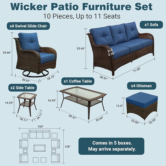 Luxury Patio Conversation Set, 12-Piece Ergonomic High Back Wicker Sofa&Swivel Chair Set with 6-Inch Deep Seating Cushions, Large Patio Furniture Set for Garden, Deck & Balcony, Navy Blue