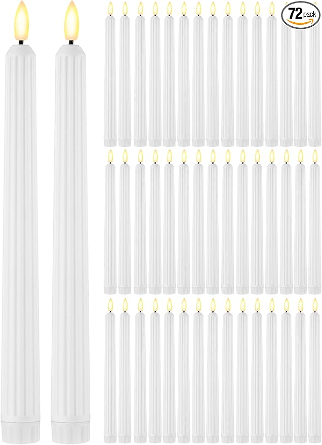 Treela 72 Pcs Flameless LED Taper Candles Battery Operated Candles Bulk 11 Inch Flickering Fake Candlesticks with Warm Light for Valentines Day Church Wedding Party Battery Not Included(Fluted,White)