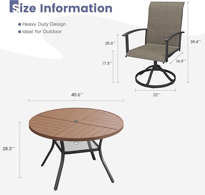 VICLLAX Outdoor Table and Chairs Set for 4, Patio Dining Set of 40.6" Metal Round Patio Table with Umbrella Hole & 4 Swivel Outdoor Dining Chairs for Backyard Lawn, Mixed Brown & Walnut