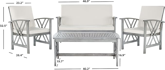 SAFAVIEH Outdoor Collection Fontana Grey Wash/ Beige 4-Piece Conversation Patio Set with Cushions