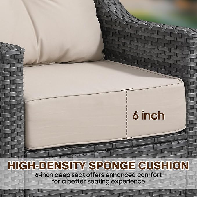 5 Piece Patio Furniture Set, Comfortable Seating Wicker Chairs Set of 2,Outdoor Side Tale and 2 Ottomans, All-Weather Wicker Patio Set with 6 Inch Thick Cushions for Porch Deck Balcony Garden