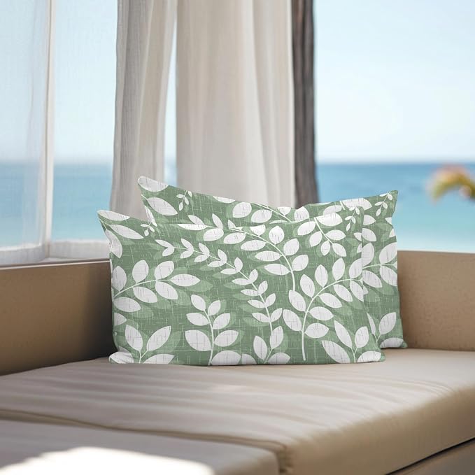 Green Leaves Outdoor Waterproof Throw Pillow Covers 20x12 Set of 2, Farmhouse Botanical Branch Vintage Boho Leaf Decorative Pillowcases Cushion Pillowcase for Couch Sofa Patio Outside Pillow Protector