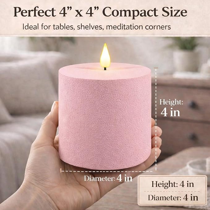 smtyle 4"x4" Pink Fake Candles Battery Operated Flameless Candles with Remote Sculptural Sand Texture Frosted Plastic Minimalist Decorative Set of 2
