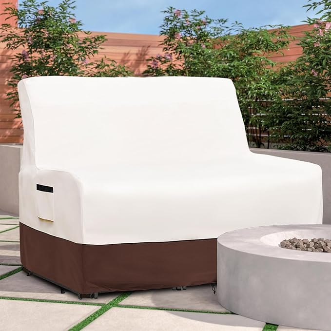 Patio Wicker Loveseat Cover,600D Heavy Duty Waterproof Patio Sofa Cover,Double Reclining Patio Lounge Chair Cover for Lawn/Garden Patio Furniture,Beige&Brown