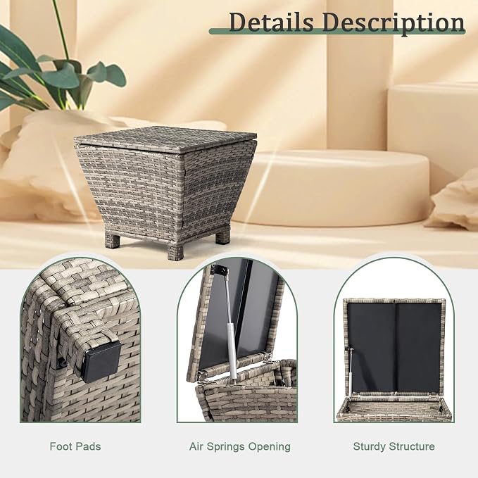 Outdoor PE Wicker Side Table with Storage, 13 Gallon Patio Storage Bin Container for Hose Cushion Towel, Gradient Rattan End Table for Backyard Garden Deck, 112 lbs Capacity, Gray