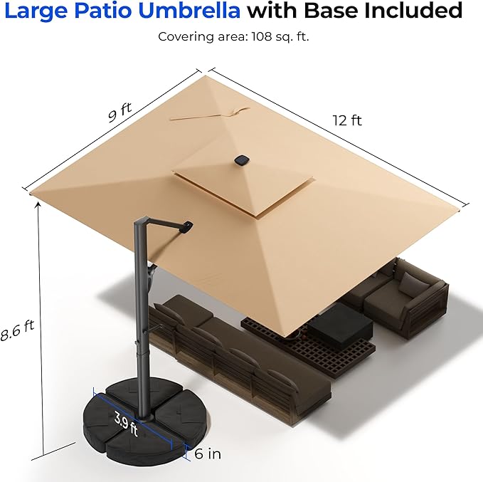 HOMSHADE 10 ft Square Cantilever Patio Umbrella with Base Included, Solar Lights Large Umbrella Outdoor Patio with 360°Rotation&Tilting, LED Lighted Offset Umbrellas w/Stand for Pool Deck