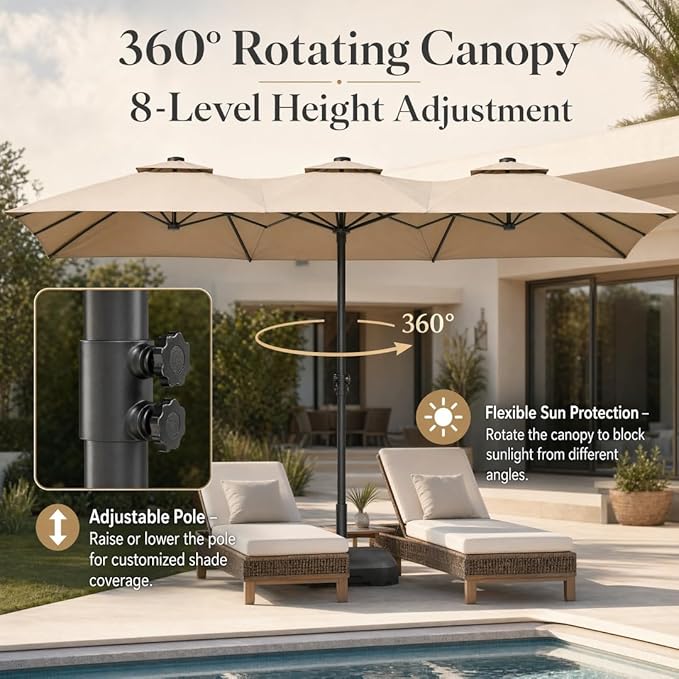 15FT Rectangular Twin Patio Umbrella with Base Included, Double-Sided Outdoor Sun Shade with Crank Lift for Backyard, Deck & Lawn, Khaki