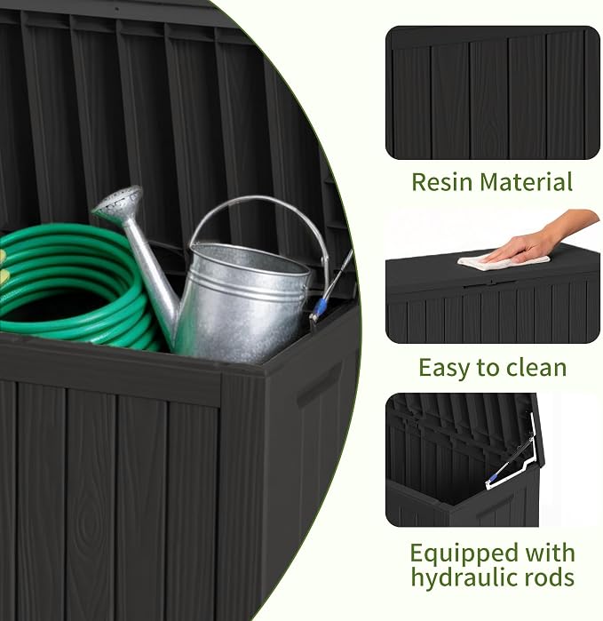 95 Gallon Outdoor Deck Storage Box, All Weather Vertical Wood Grain Lockable Storage Container for Poolside, Patio & Backyard Large Outdoor Storage (Black,95GAL)