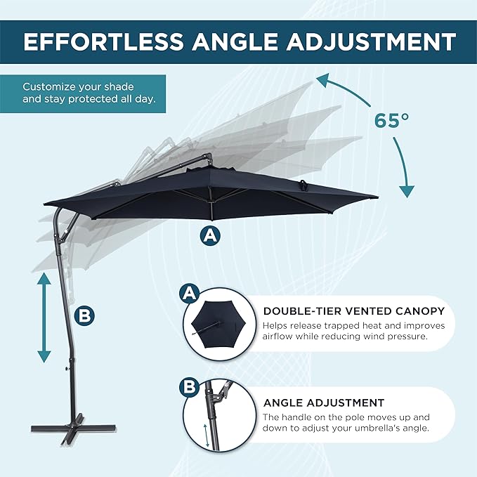 10FT Offset Patio Umbrella, Cantilever Hanging Umbrella with Infinite Tilt, Fade-Resistant Water-Repellent Canopy & Cross Base for Yard, Garden & Deck