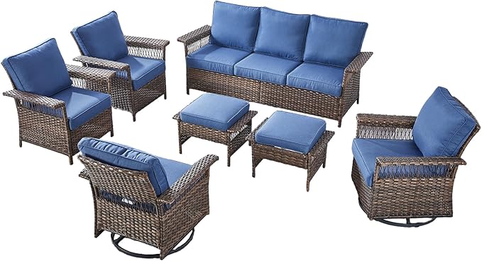 Patio Furniture Set 2 Wicker Swivel Glider Chairs 2 PE Rattan Chairs and 2 Ottomans with Blue Cushions Patio PE Rattan Side Table Brown Wicker Patio Conversation Set 7pcs for Patio