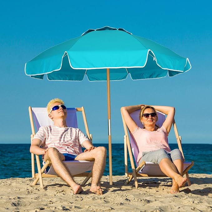 AMMSUN 7.5ft Heavy Duty HIGH Wind Beach Umbrella Commercial Grade Patio Beach Umbrella with Air Vent Ash Wood Pole & Carry Bag UPF 50+ Protection Lake Blue