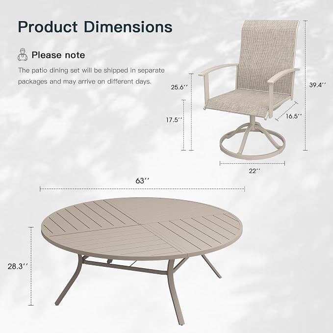 VICLLAX 9 Pieces Patio Outdoor Dining Set, 8 Swivel Textilene Chairs and 63" Round Metal Table with Umbrella Hole for Porch, Deck, Garden, Sandshell
